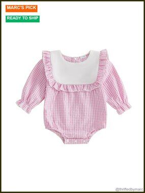 Baby Girl Plaid Bubble Romper Long Sleeve Ruffle Trim Bodysuit Jumpsuit Cotton